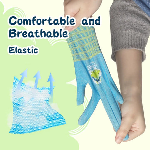 Child wearing blue cut-resistant glove, showcasing elasticity and breathability, text reads 'Comfortable and Breathable Elastic'
