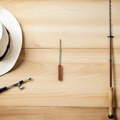 Stainless Steel Baiting Needle With Rosewood Handle, Slip Grip, 3-Piece Set For Freshwater And Saltwater Fishing Bait Rigging, Compact Portable Threading Tool For Worms And Bait on wood surface