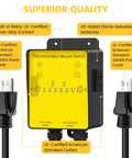 Front view of Ortis Automatic Vacuum Switch for 220V dust collectors; yellow panel with UL-certified outlets.