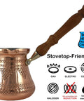Thickest Solid Copper Cezve Coffee Pot With Engraved Hammered Finish And Wooden Handle For Legit Turkish Greek Arabic Coffee Brew On Stovetop