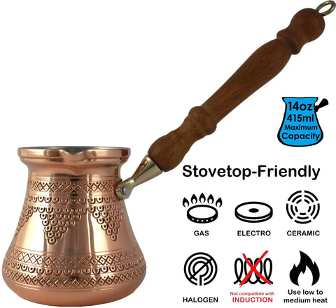 Thickest Solid Copper Cezve Coffee Pot With Engraved Hammered Finish And Wooden Handle For Legit Turkish Greek Arabic Coffee Brew On Stovetop