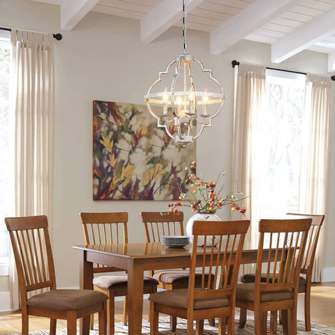 4 Light Farmhouse Candle Chandelier With Dope Open Orb Frame In Rustic White Finish Industrial Ceiling Pendant Light above dining table
