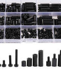 Go-To M3 Nylon Standoff Kit With 380 Pieces For PCB Mounting Including Male And Female Spacers, Threaded Pillars, Screws, Nuts, And Washers For Electronics Prototyping, Drones, And Circuit Board Projects in black color variety in a transparent organizer box with multiple compartments.