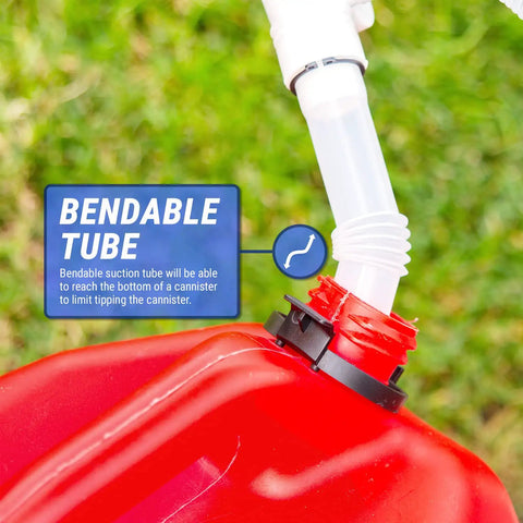 Bendable tube of Heavy Duty Manual Fuel Transfer Pump And Gasoline Siphon for easy liquid drainage from canisters.