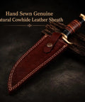 Damascus Steel Bowie Knife With Full Tang Fixed Blade For Tactical Hunting And Camping, premium leather sheath displayed