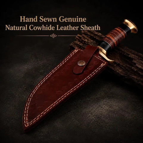 Damascus Steel Bowie Knife With Full Tang Fixed Blade For Tactical Hunting And Camping, premium leather sheath displayed