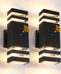 2 Pack LED Dusk To Dawn Outdoor Lights With Aluminum Sensor Waterproof Exterior Fixtures, mounted on wall, lit up