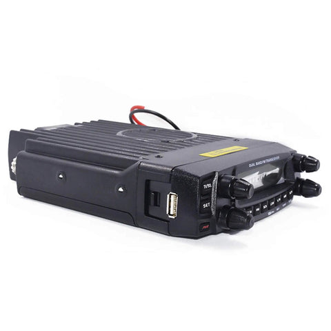Dual Band Mobile Transceiver With 50 Watt VHF And 40 Watt UHF Power, Cross Band Repeater Mode, Dual Display, Remote Mount Faceplate, Vehicle Radio Kit With Programming Cable shown from side angle