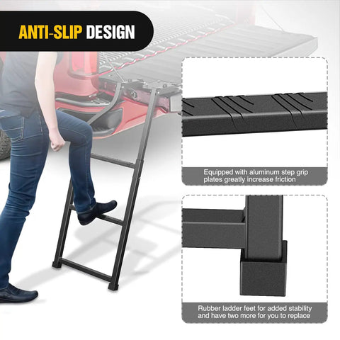 Foldable Truck Tailgate Ladder With Step Grip Plates For Pickup Trucks, Extendable Up To 42 Inches, anti-slip steel ladder in use