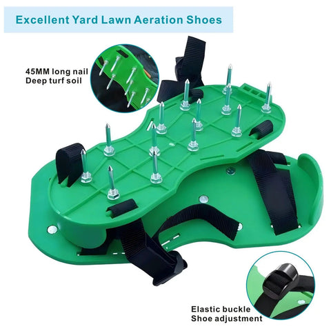 Upgraded Lawn Aerator Shoes With 26 Stainless Steel Spikes for easy yard aeration, showing adjustable straps and buckle