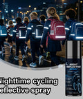 Night Reflective Spray 100ml Safety Fluorescent Paint Invisible Daytime with children wearing reflective backpacks at night.