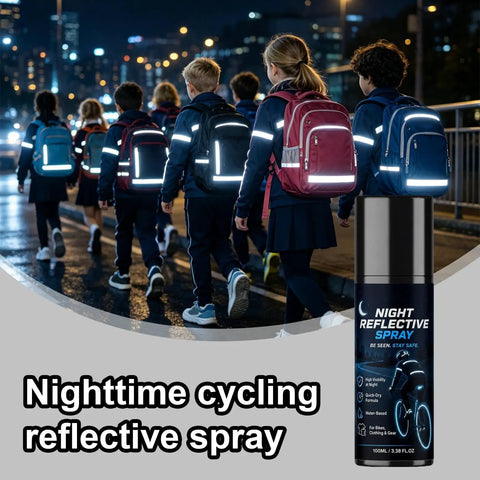 Night Reflective Spray 100ml Safety Fluorescent Paint Invisible Daytime with children wearing reflective backpacks at night.