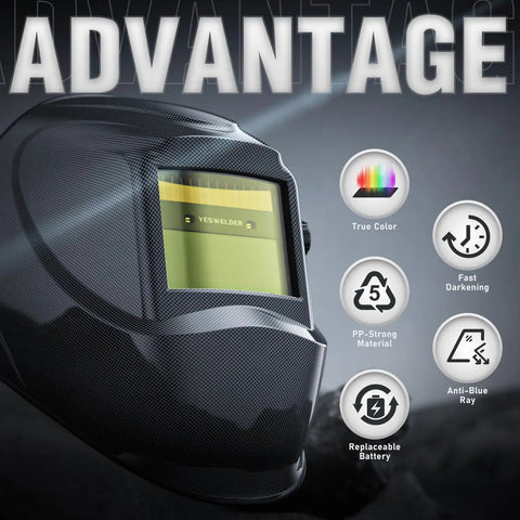 Auto Darkening Welding Helmet With Blue Light Blocking True Color Lens, Solar Powered Hood, features and advantages displayed