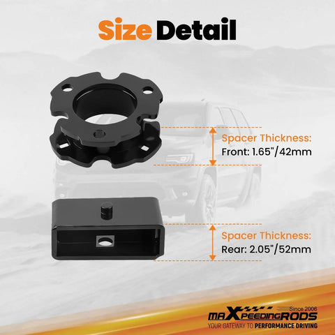 3 Inch Front 2 Inch Rear Leveling Lift Kit For Chevy Colorado GMC Canyon 2015-2022 showing spacer details, front 1.65" and rear 2.05" thickness.