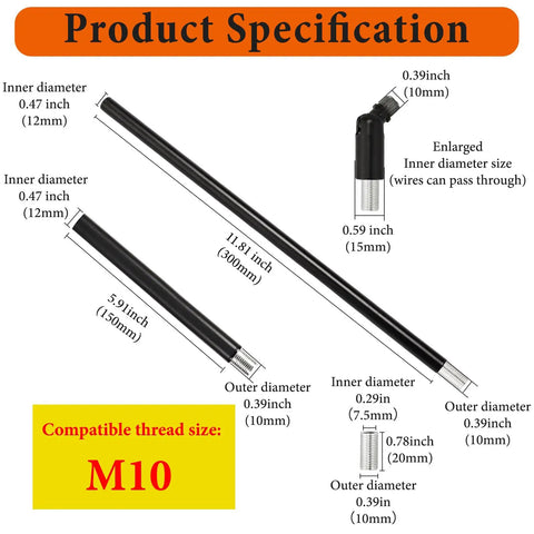 Product specifications for M10 Threaded Extension Rods with dimensions, showing inner and outer diameters for mounting pendant fixtures.