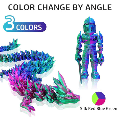 Tri Color 1.75mm PLA Filament Silk Rainbow Dope Multicolor for 3D Printing with knight and dragon models in silk red green blue