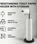 Freestanding Toilet Paper Holder Stand With Extra Heavy Weighted Base And Non Slip Mat Sleek Black Modern Bath Decor. Holds 5 rolls.