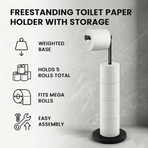 Freestanding Toilet Paper Holder Stand With Extra Heavy Weighted Base And Non Slip Mat Sleek Black Modern Bath Decor. Holds 5 rolls.