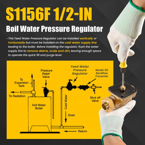 Front view of brass 1/2-inch water pressure regulator for Watts S1156F series, being installed