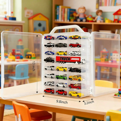 Double Sided 1:64 Scale Toy Car Storage Case With 48 Slots Clear Organizer showing die cast cars in classroom setting