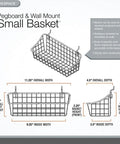 Small Pegboard Wall Mount Basket Organizer For Garage, Workshop Or Craft Room, Easy Install Coated Steel Wire Basket With Locking Hooks, Space Saver Hanging Storage, Industrial Gray Design dimensions diagram.