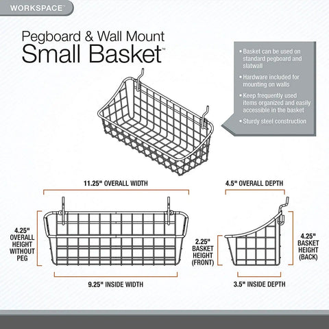 Small Pegboard Wall Mount Basket Organizer For Garage, Workshop Or Craft Room, Easy Install Coated Steel Wire Basket With Locking Hooks, Space Saver Hanging Storage, Industrial Gray Design dimensions diagram.