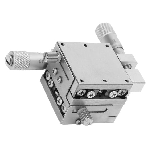 Manual XY Linear Sliding Table With Cross Roller Stage In Stainless Steel 30 By 30 Millimeter Micrometer Adjustment For Precision Equipment Optical Alignment Microscopy And Lab Instrumentation Pro Grade Quality shown at angle with micrometer knobs visible