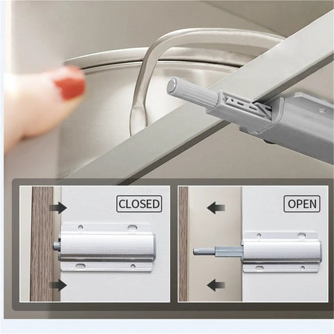 Magnetic Cabinet Latches For Touch Open Cabinets, No Fuss Handle Free Aluminum Alloy Door Catches, Open and Closed Views