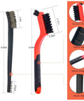 8 Piece Wire Brush Set With Brass Stainless Steel And Nylon Bristles For Rust Busting Dirt Scrubbin And Paint Scrubbin Double Ended Cleaning Picks In A Portable Orange Case showing close-up of two brushes with dimensions and features