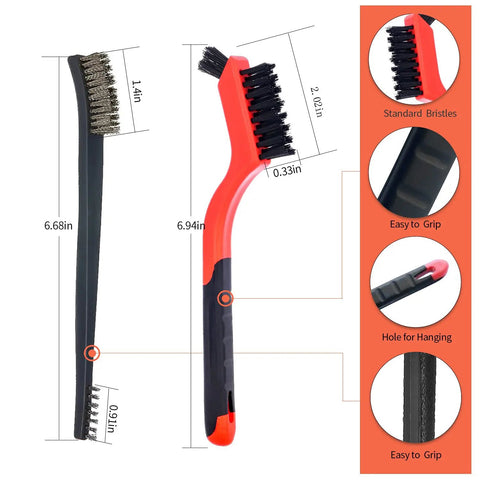 8 Piece Wire Brush Set With Brass Stainless Steel And Nylon Bristles For Rust Busting Dirt Scrubbin And Paint Scrubbin Double Ended Cleaning Picks In A Portable Orange Case showing close-up of two brushes with dimensions and features
