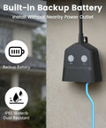 Smart WiFi Sump Pump Alarm With Alarm Activated Outlet And Free App Alerts, No Hassle High And Low Water Level Notifications, Built In Backup Battery, 110dB Siren, 10ft Float Switch For Basements, Septic Tanks, Ponds And Water Tanks. Wall-mounted black unit with blue cable and battery icon.