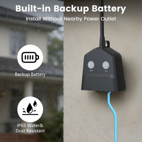 Smart WiFi Sump Pump Alarm With Alarm Activated Outlet And Free App Alerts, No Hassle High And Low Water Level Notifications, Built In Backup Battery, 110dB Siren, 10ft Float Switch For Basements, Septic Tanks, Ponds And Water Tanks. Wall-mounted black unit with blue cable and battery icon.