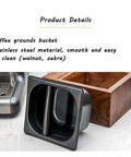 Sleek Wooden Espresso Tamper Station With Integrated Knock Box Fits 58 mm Portafilters Smooth Cleanup And A Dope Vibe That Keeps Your Kitchen Counter Setup Tight And Buzzin, featuring stainless steel coffee grounds bucket.