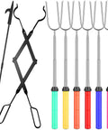 Must Have Eight Piece Campfire Gear Set With Six 34 Inch Smores Sticks A 32 Inch Campfire Poker A 25 Inch Fireplace Tong And A Hot Dog Fork For Safe Backyard Fire Pit Cooking And Grilling; showing colorful S'mores sticks, poker, and tong