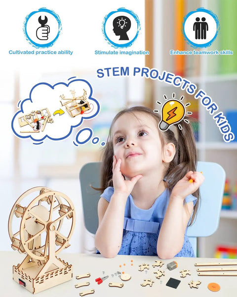 Child with 4 In 1 STEM Kit For Kids Featuring 3D Wooden Puzzles A Mini Ferris Wheel Build A Fiber Optic Lamp And Star Night Light