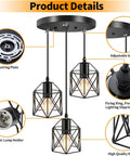 Industrial 3 Light Pendant Light With Adjustable Length Hanging Fixture Black Metal Cage Farmhouse Pendant For Kitchen Island