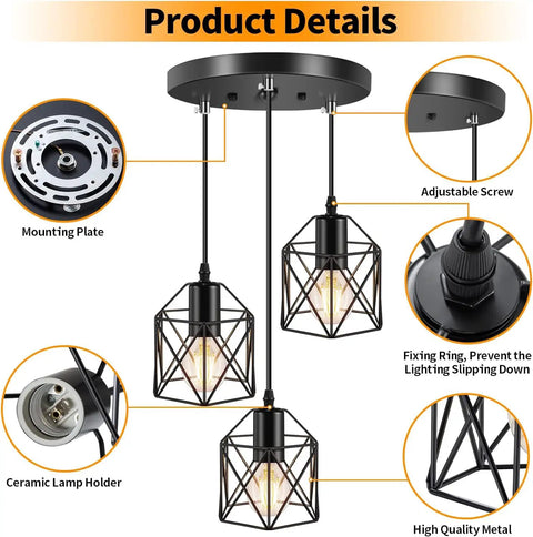 Industrial 3 Light Pendant Light With Adjustable Length Hanging Fixture Black Metal Cage Farmhouse Pendant For Kitchen Island