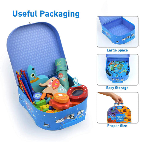 Hands-On World Map Puzzle For Kids Ages 4-8, 100 Piece Floor Puzzle with Handy Storage Box, blue box with fun graphics