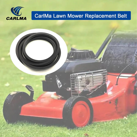 CarlMa set of 2 variable speed drive belts for lawn tractors and mowers, shown beside a red lawn mower on grass