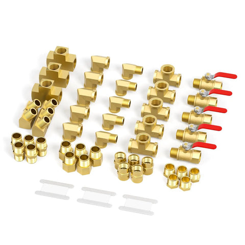 Brass Pipe Fittings Kit 48 Piece One Quarter Inch NPT With Couplings 90 Degree Elbows 45 Degree Elbows Nipples Ball Valve Tee Reducer Adapter Plug And Four Way Fittings For DIY Plumbing Projects