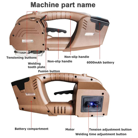 Heavy Duty Cordless Strapping Machine Featuring Auto Weld And Cut With No Hassle Battery Powered Banding Tool, showing tensioning buttons and handles.