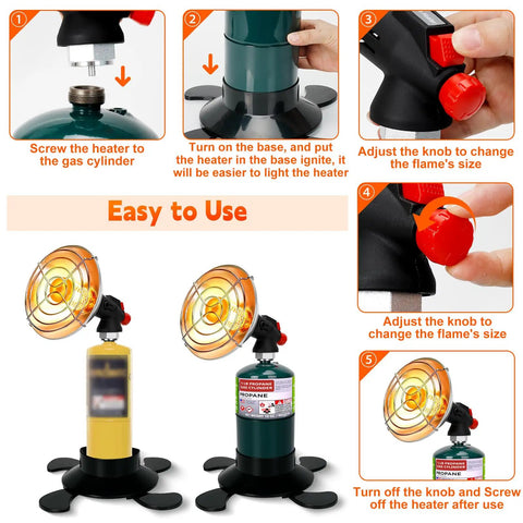 Portable Propane Heater For Camping And Outdoor Spaces, Rugged Base With Propane Tank Holder, step-by-step setup instructions