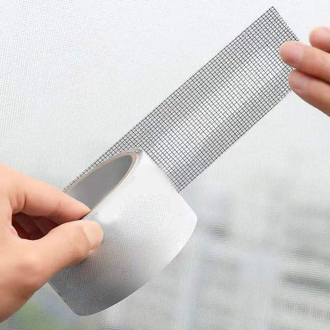 Polyurethane Screen Repair Tape With Fine Mesh Patch being held, showing black durable adhesive and fine mesh for window and door screens.