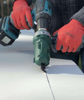 Snapper Shear Drill Attachment for Sheet Metal Cutting 18-Gauge shown cutting metal with a drill, ergonomic 360-degree rotating head.