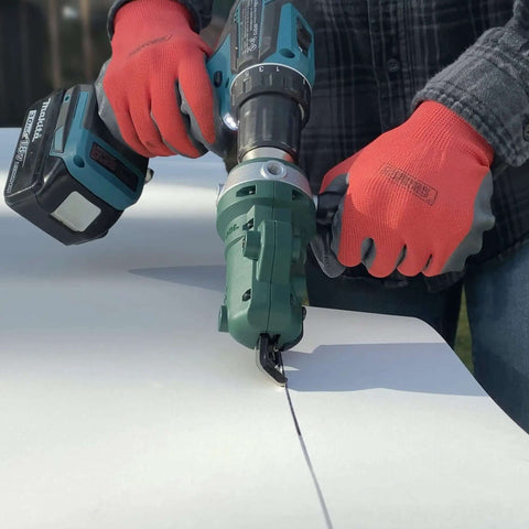 Snapper Shear Drill Attachment for Sheet Metal Cutting 18-Gauge shown cutting metal with a drill, ergonomic 360-degree rotating head.