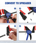 6 Inch Mini Bar Clamps For Woodworking, One Handed F Clamps And Spreaders, 4 Pack With 50 Lb Load, Throat One And A Half Inches, Screw Reverses To Convert To Spreader For Tight Glue Ups For Diyers. clamp converted to spreader in four-step view