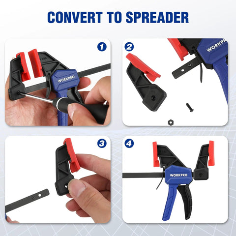6 Inch Mini Bar Clamps For Woodworking, One Handed F Clamps And Spreaders, 4 Pack With 50 Lb Load, Throat One And A Half Inches, Screw Reverses To Convert To Spreader For Tight Glue Ups For Diyers. clamp converted to spreader in four-step view