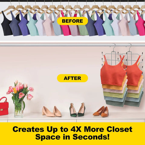 Metal Tank Top Hangers 2 Pack Swivel Closet Organizer Vertical Bra Camisole Rack in a closet before and after use.