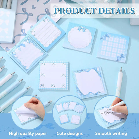 Blue Bow Stationery Set For School And Office Dope A5 Notebook 12 Smooth Gel Pens 6 Sticky Notes Pencil Pouch Kawaii Kit