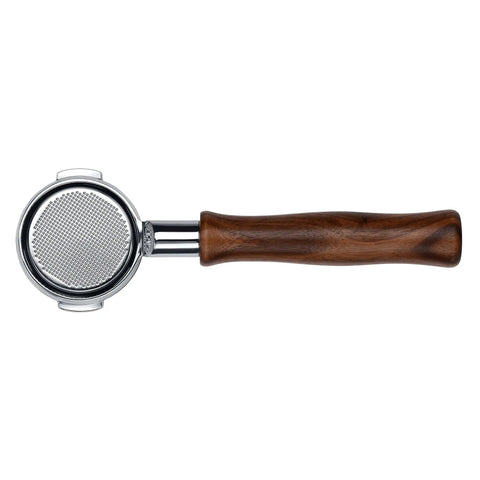 58mm Bottomless Portafilter For Breville Dual Boiler Espresso Machines With An 18 Gram Basket And Solid American Walnut Handle.